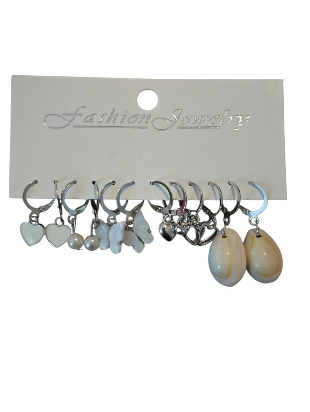 Fashion Jewelry Silver Hoop Earring Set with White and Cream Charms